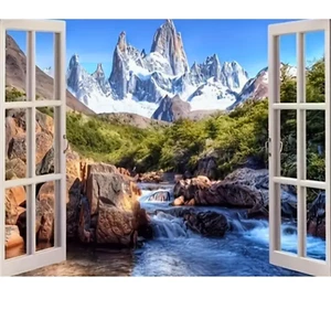 Diamond Painting Set 40x30cm-Fensterblick5D Berge Bach blauer Himmel ohne Rahmen - Bild 1 von 9