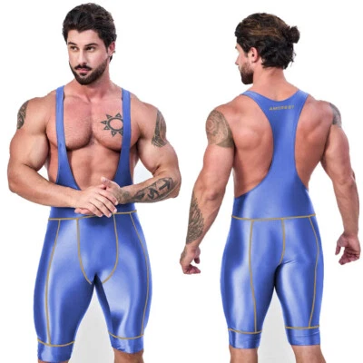 AMORESY Men's Jumpsuits Shiny Glossy Tights Overalls Tracksuits Suits Activewear - Image 1 of 4