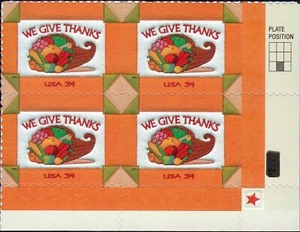 US #3546 MNH Plate Block 2001 We Give Thanksgiving Cornucopia Quilt [LR P1111] - Picture 1 of 1