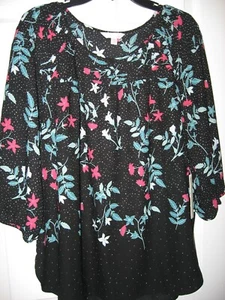 Lauren Conrad,Black Floral Multi Print,3/4 Slv,Scoop Accented Neck,Polyester,XL - Picture 1 of 9
