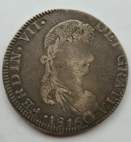 Mexico 8 Reales Zs 1816 A.G. Zacatecas, War of Independence. KM# 111.5 Plugged Cover