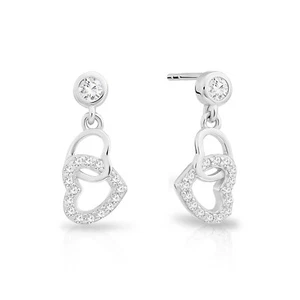 925 Sterling Silver CZ Double Heart Dangle Drop Ear Post Push-back Stud Earrings - Picture 1 of 5