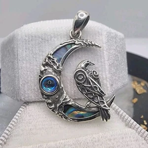 Keltischer Rabe & Mondstein Anhänger mit Abalone Mondsichel 925 Sterling Silber - Bild 1 von 3