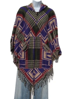 Poncho Botón Borlas Capucha + Bolsillo Diseño Tribal Yak + Mezcla Lana Oveja Talla 1 Foto 1 de 4