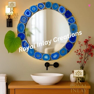 Espejo redondo de ágata azul audaz - Espejo de pared de piedras preciosas de lujo hecho a mano - 18" Foto 1 de 4