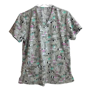 Divine Stretch by JDM Scrub Top Size L Has Pockets Gray With Dog Pattern A26 - Picture 1 of 6
