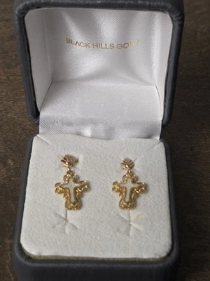 Black Hills Gold 10K CROSS Dangle EARRINGS, New In Box** Beautiful! - Image 1 of 4