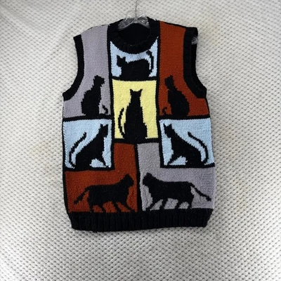 Vintage Cat Print Knit Vest Women's Sleeveless Sweater Cozy Novelty Pattern - Image 1 of 4