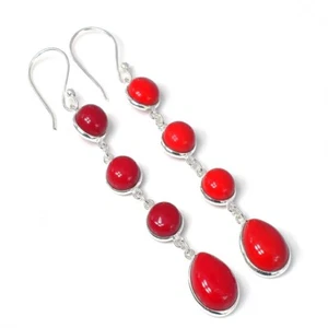 Red Coral Gemstone 925 Sterling Silver Handmade Jewelry Earring Size 2.80" - Picture 1 of 1