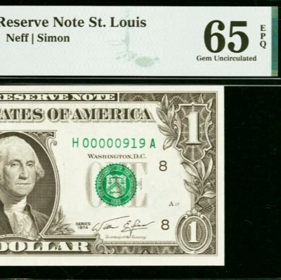 1974 $1 Federal Reserve Note - PMG 65EPQ - Birthday Low Serial Number 00000919 - Image 1 of 3