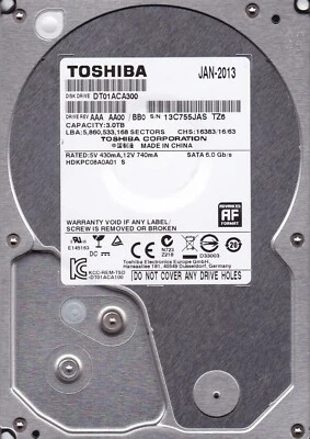 DT01ACA300 AAA AA00/BB0 p/n: HDKPC08A0A01 S China JAN 2013 3TB 3.5" SATA TOSHIBA - Image 1 of 4