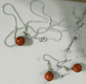 Red CORAL Bead 925 STERLING SLIVER PENDANT NECKLACE & EARRINGS SET NEW! - Picture 1 of 5