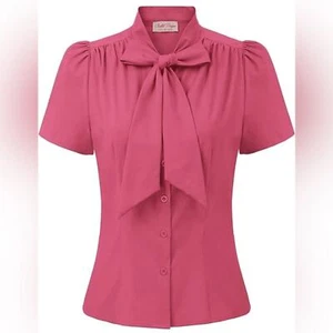 NWT Short Sleeve Office Button Down Blouse Stripe Shirt Tops with Bow Tie S - Picture 1 of 15
