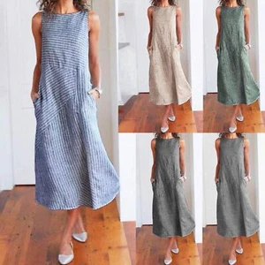 Abito lungo donna UK a righe estivo cotone lino donna caftano casual maxi dress - Foto 1 di 27