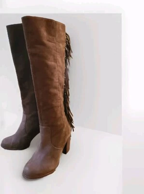 GIANNI BINI Botas de Cuero Marrón Flecos Espalda Caída Alta Rodilla Western Equitación Talla 6.5 Foto 1 de 4