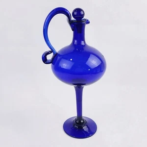 Vintage Cobalt Blue Blown Glass Bubble Ewer Footed Apothecary Decanter w Handle - Picture 1 of 12