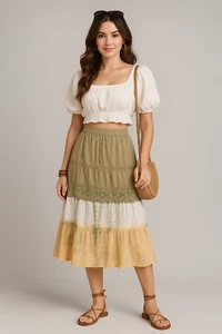 Lindas Opciones Falda Mujer 18/20 Verde Amarillo Tie Dye Niveles Boho Encaje Cottagecore - Imagen 1 de 11