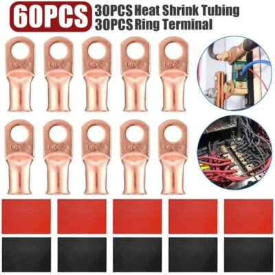 URLWALL 20-60PCS 1/0 AWG Gauge Copper Lugs w/ RED & BLACK Heat Shrink Ring Terminals