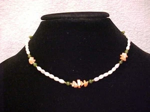 Vintage Fresh Water Rice Pearls Coral & Jade Beads Choker Necklace 60's - Picture 1 of 4