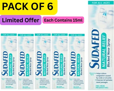 6x Sudafed Natural Relief - Blocked Nose Nasal Spray - All Ages - Saline - 15ml