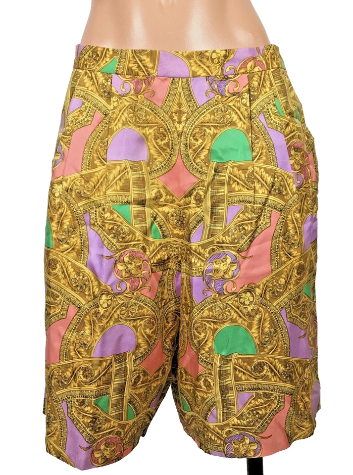 1980s Carlisle Sport Baroque Print Silk Bermuda Short Tapered Loud Gold Y2K Rare - Image 1 of 4