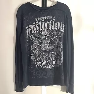 Affliction Dead or Alive Blue Long Sleeve Thermal Knit Studded Shirt Men Sz L - Picture 1 of 4