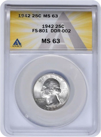 1942 Washington Quarter DDR FS-801 MS63 ANACS Cover
