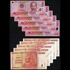 5 x 50 Milliarden Dollar Simbabwe 2008 Banknoten + 5 x 50000 Dong Vietnam Währung - Bild 1 von 3