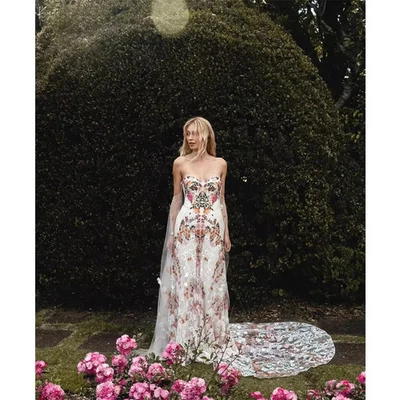 Off Shoulder Colorful Floral Wedding Dresses Puffy Sleeves Low Back Bridal Gown  - Image 1 of 4