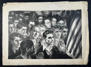 "Litografía de posguerra de colección multitud diciendo promesa a bandera impresión Freda Reiter 14x19""" - Imagen 1 de 17