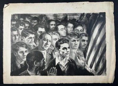 "Litografía de posguerra de colección multitud diciendo promesa a bandera impresión Freda Reiter 14x19""" Foto 1 de 4