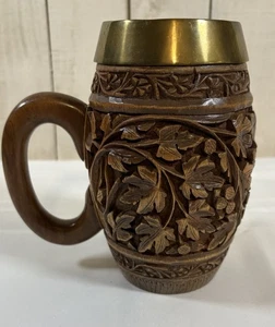 Gorgeous Antique Carved Wood Beer TANKARD STEIN, Branches & Leaves w/Insert - Picture 1 of 11