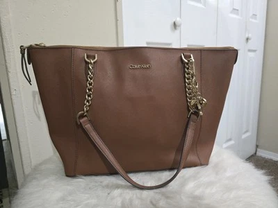 Calvin Klein Large Tan Brown W/ Gold Chain Straps Tote Shoulder Bag Purse - Image 1 of 4