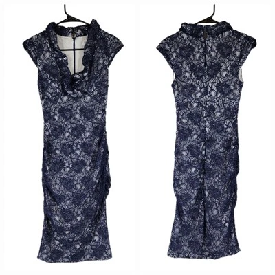 Xscape Lace Midi Dress 4 Women Navy Blue Overlay White Lined Ruched Wedding USA - Image 1 of 4