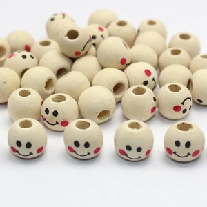 100 Natural Color Cute Smiley Face Expression Smooth Round Wood Beads 10mm Craft - Picture 1 of 11