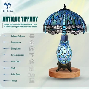 Lámpara en racimo Tiffany 16 pulgadas azul estilo libélula pantalla de vitral hecha a mano - Imagen 1 de 11