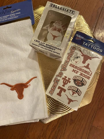 Lot Of 3 TEXAS LONGHORNS Light Up Snowman Ornament Texas Towel & Novelty Tattoos Cover