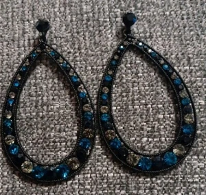 Black Blue Clear Rhinestone Dangle Drop Earrings Hoop Loop Gothic Dark Fairy 3in - Picture 1 of 9