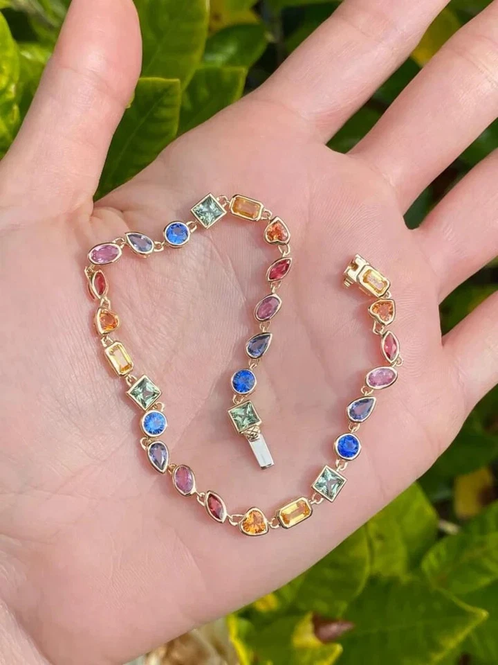 Pulsera chapada en oro de múltiples piedras preciosas de 18k, piedras de colores, vibrante joyero arco iris Foto 1 de 4