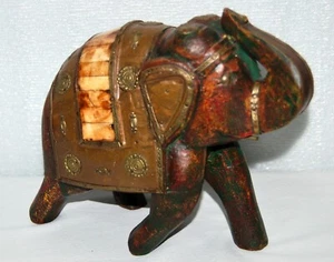 Carved Wood Elephant Hammered Copper Brass and Bovine Bone Inlay Handcrafted  - Picture 1 of 9