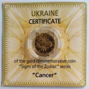 CANCER Ukraine 2 UAH 2008 Pure Gold Au 999 Coin 1/25 Oz 癌症 Zodiac series KM# 483 - Picture 1 of 3