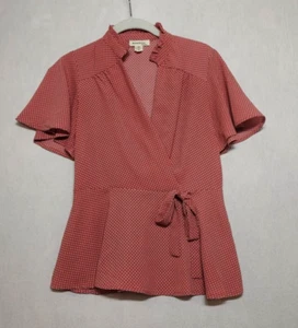 Monteau Women's Top Sz M Pink Polka Dot Peplum V-Neck Blouse Faux Wrap Classic - Picture 1 of 17