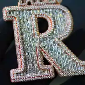 3.60Ct Baguette Moissanite Men's Initial R Letter Pendant 14K Yellow Gold Plated - Picture 1 of 6