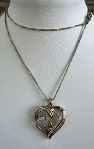 SUN Sterling Silver Gold Diamond Double Heart Mother Child Pendant Necklace 925 - Picture 1 of 6