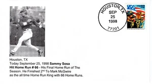 SAMMY SOSA HOME RUN #66,  HOUSTON, TX  1998   FDC19759 - Picture 1 of 1