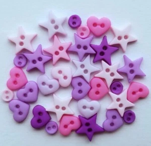 Tiny Craft Buttons PRINCESS MIX Micro Mini Hearts Stars Pink Purple Dress It Up - Picture 1 of 2