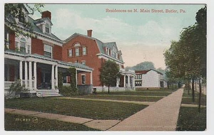 Vintage Postcard Butler PA RESIDENCES ON N. MAIN ST. ~ Colonial Homes ~ Unused - Picture 1 of 2