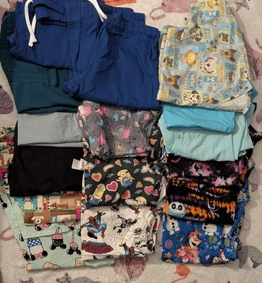 Size Medium Medical Scrubs Lot  14 Tops + 2 Bottoms Various Brands Disney & More - Image 1 of 4