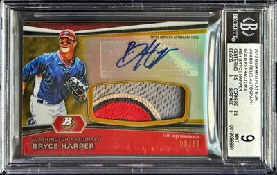 2012 Bowman Platinum Bryce Harper Jumbo Relic Auto Gold Refractor /50 BGS 9 Mint - Image 1 of 3