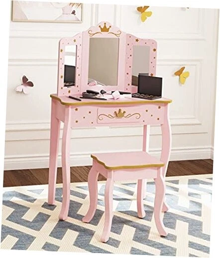 UTEX Pretend Play Kids Vanity Table and Chair Set With Mirror Pink